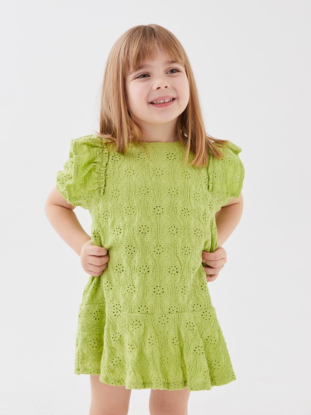 Yeşil Bisiklet Yaka Kısa Kollu Kız Bebek Elbise-1