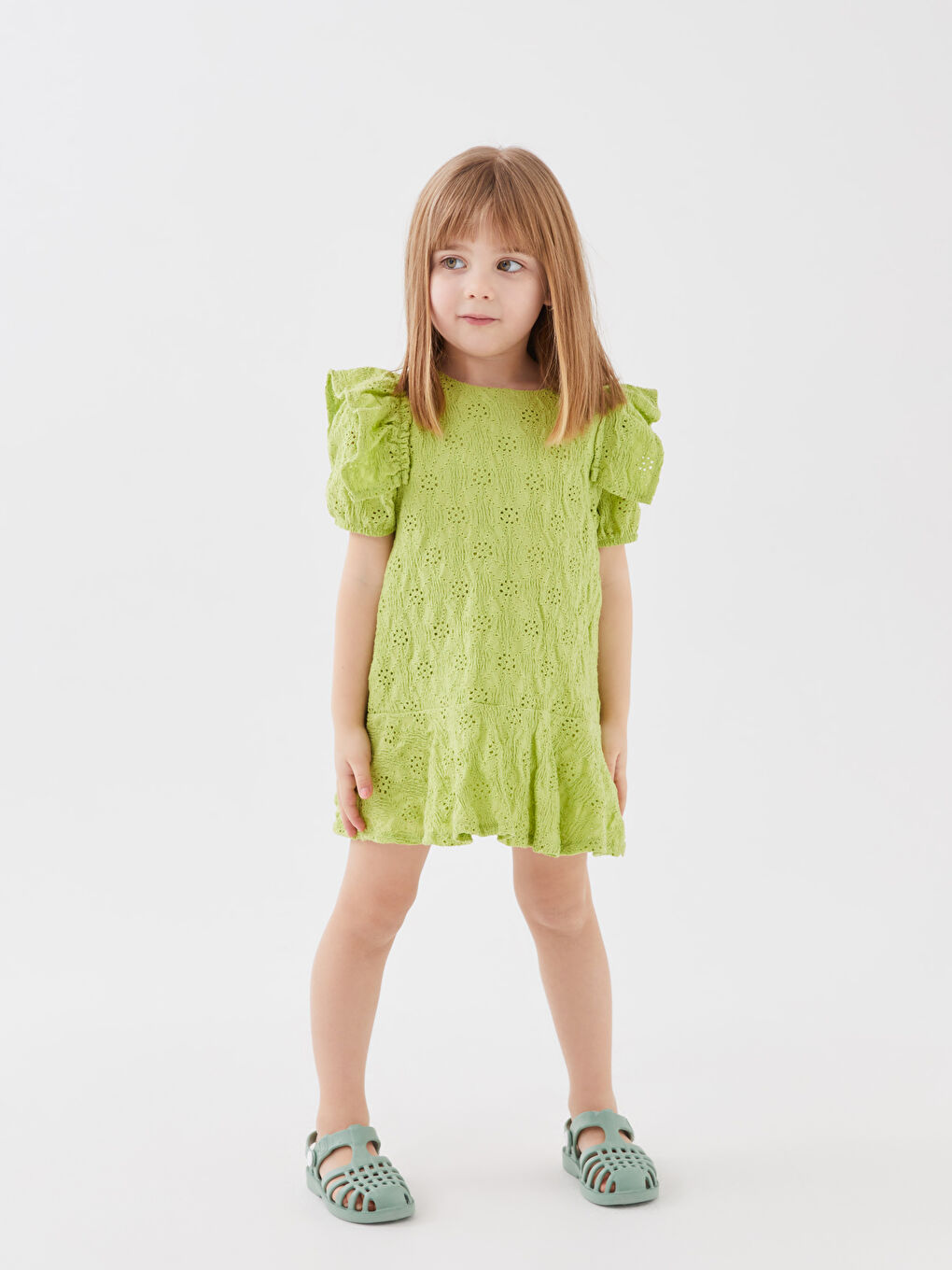 Yeşil Bisiklet Yaka Kısa Kollu Kız Bebek Elbise-2