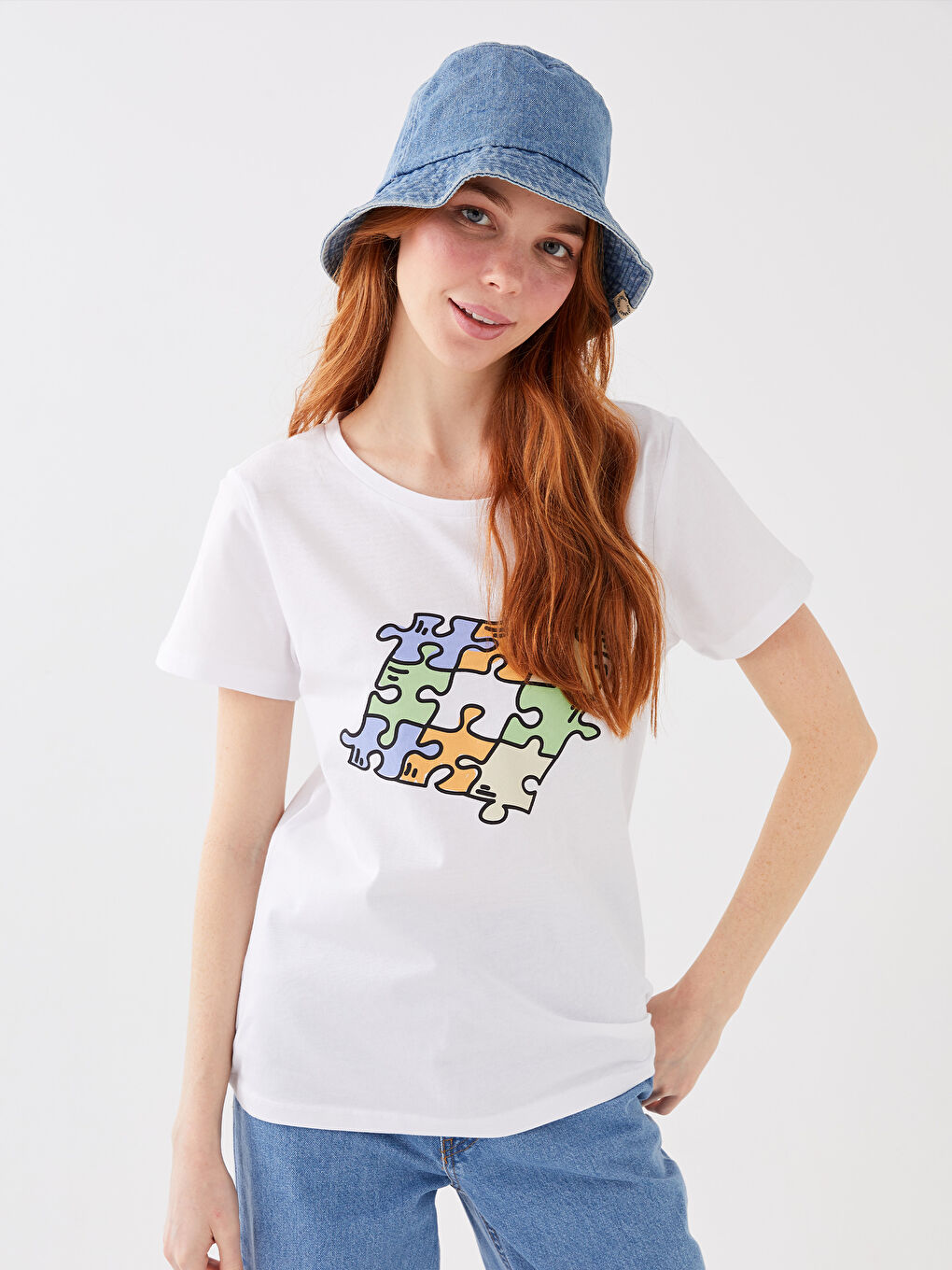 Beyaz Bisiklet Yaka Baskılı Kısa Kollu Kadın Tişört Anne Kız Kombini-2