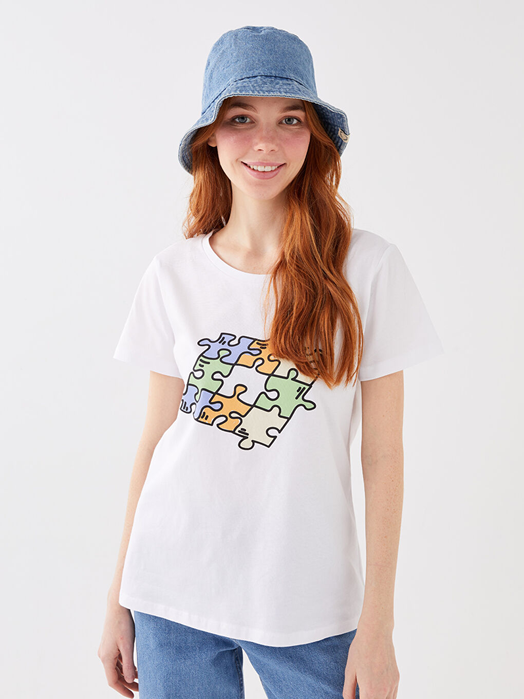 Beyaz Bisiklet Yaka Baskılı Kısa Kollu Kadın Tişört Anne Kız Kombini-4