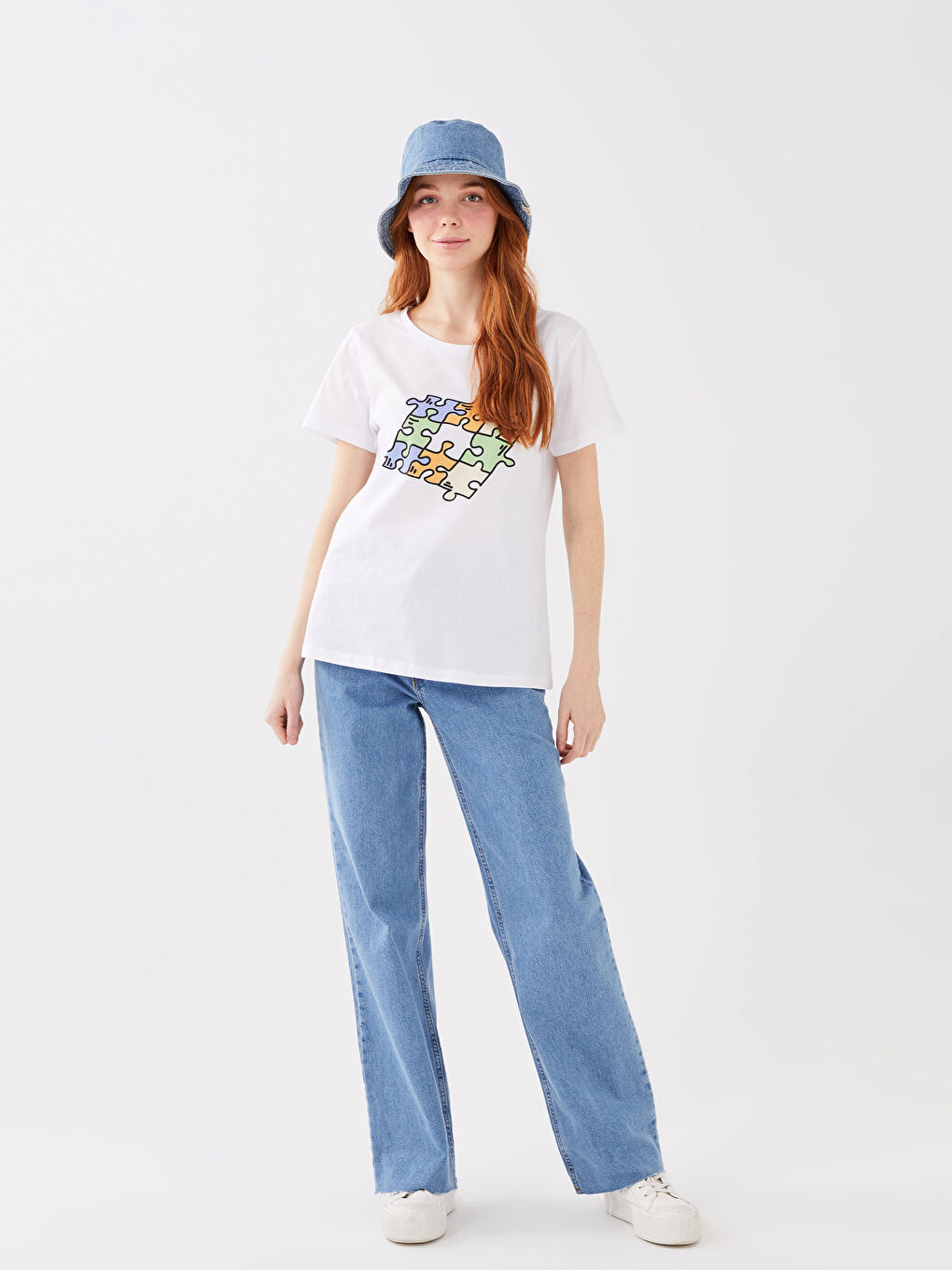 Beyaz Bisiklet Yaka Baskılı Kısa Kollu Kadın Tişört Anne Kız Kombini-6