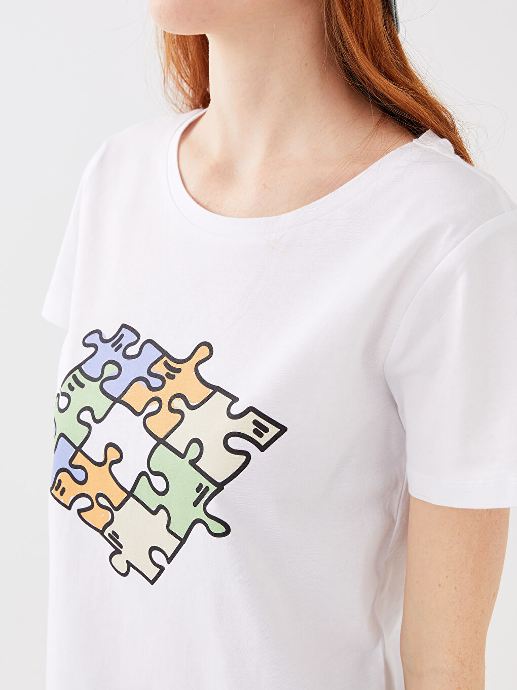 Beyaz Bisiklet Yaka Baskılı Kısa Kollu Kadın Tişört Anne Kız Kombini-8