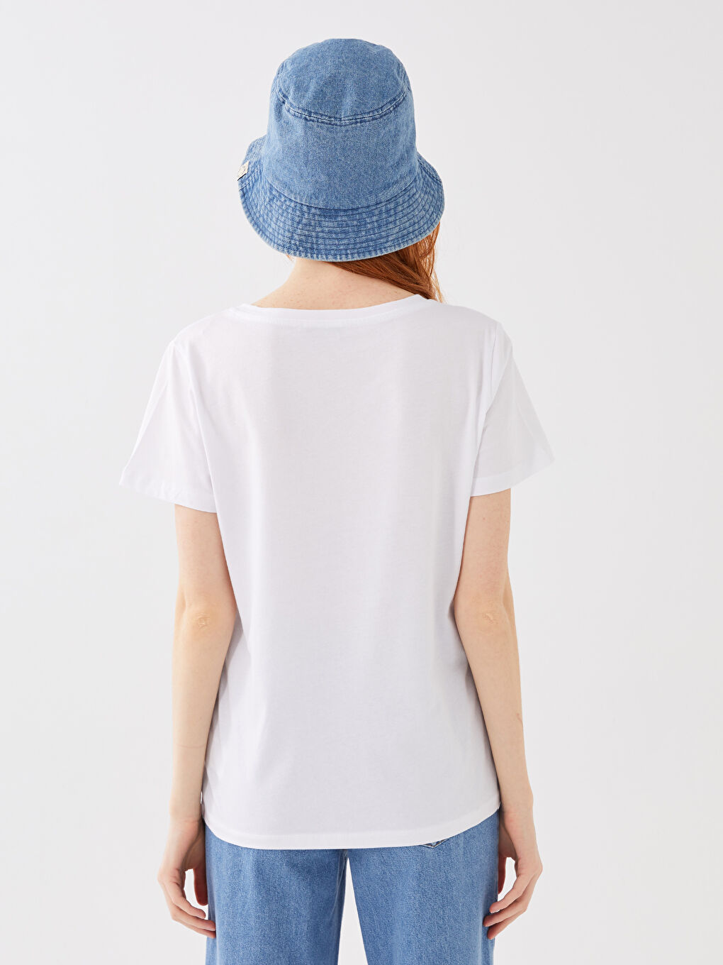 Beyaz Bisiklet Yaka Baskılı Kısa Kollu Kadın Tişört Anne Kız Kombini-10