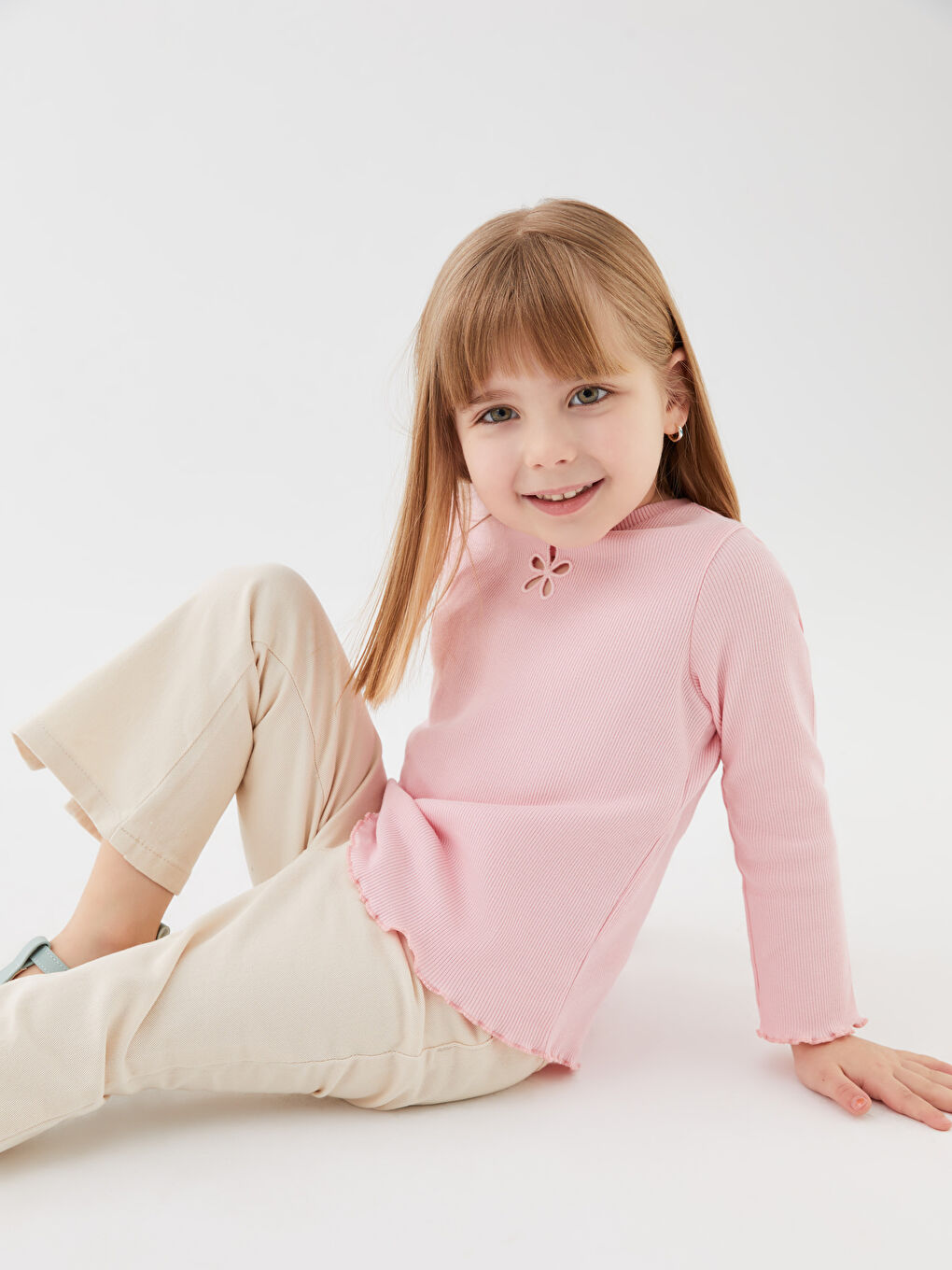 Pembe Bisiklet Yaka Uzun Kollu Nakışlı Kız Bebek Tişört