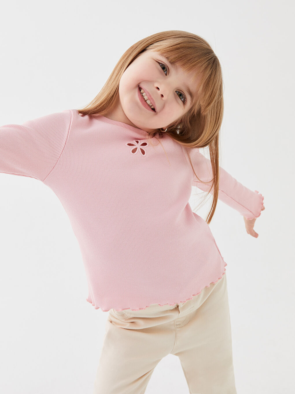 Pembe Bisiklet Yaka Uzun Kollu Nakışlı Kız Bebek Tişört-1