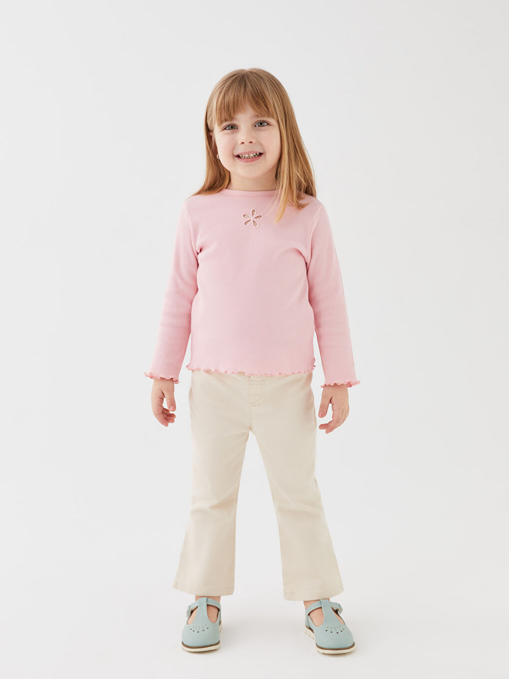 Pembe Bisiklet Yaka Uzun Kollu Nakışlı Kız Bebek Tişört-2