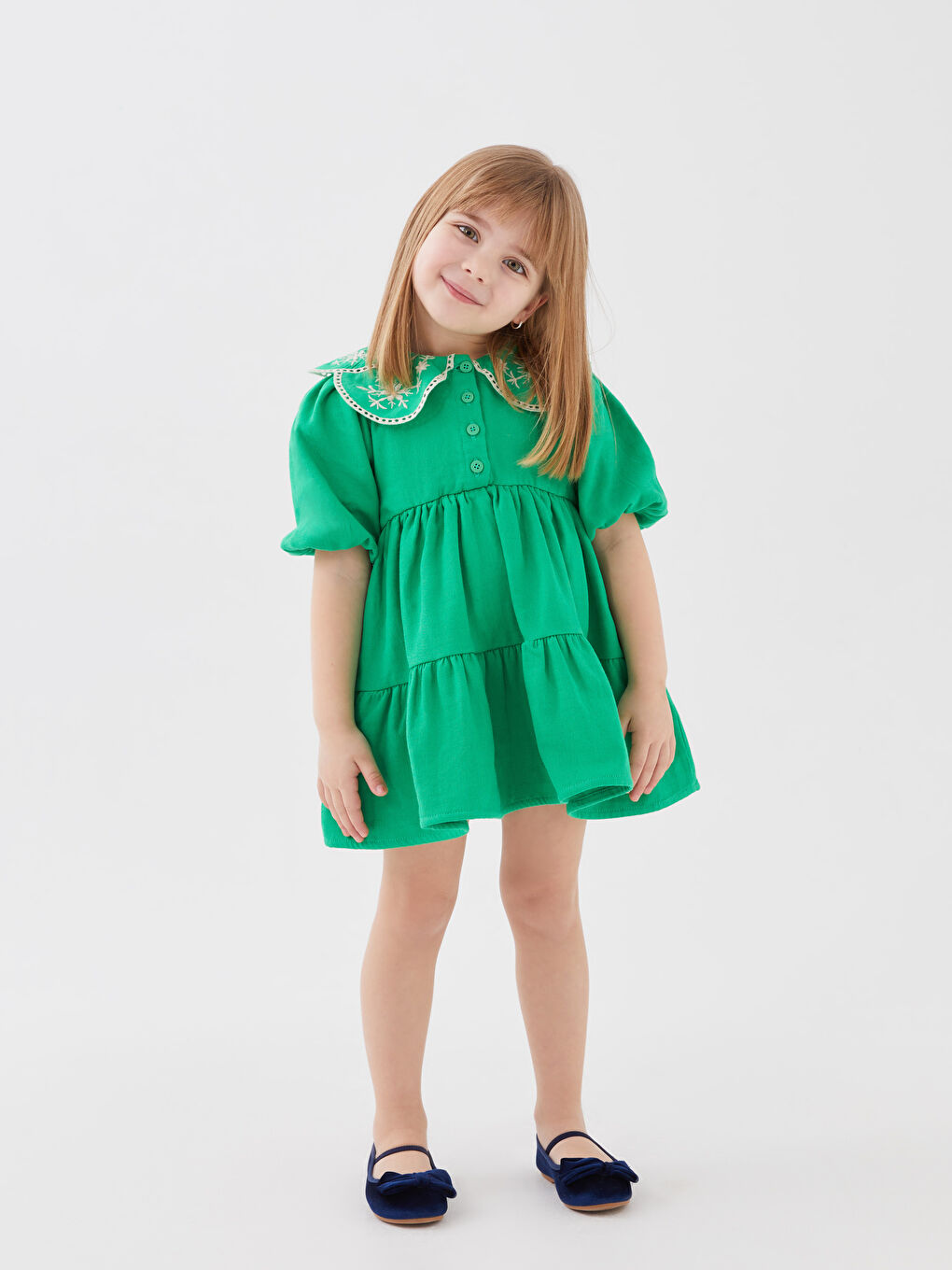 Yeşil Bebe Yaka Uzun Kollu Nakışlı Kız Bebek Elbise