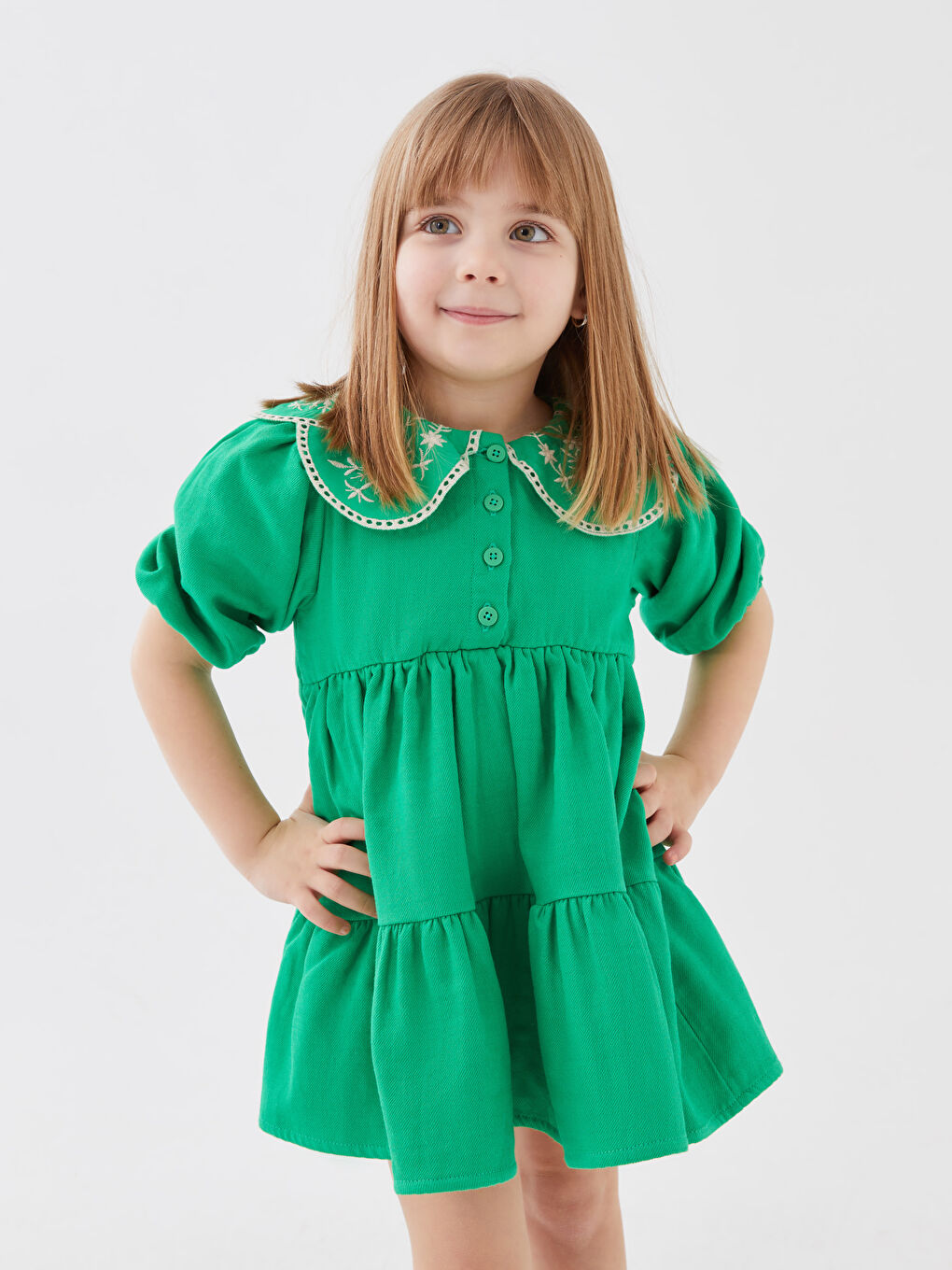 Yeşil Bebe Yaka Uzun Kollu Nakışlı Kız Bebek Elbise-1