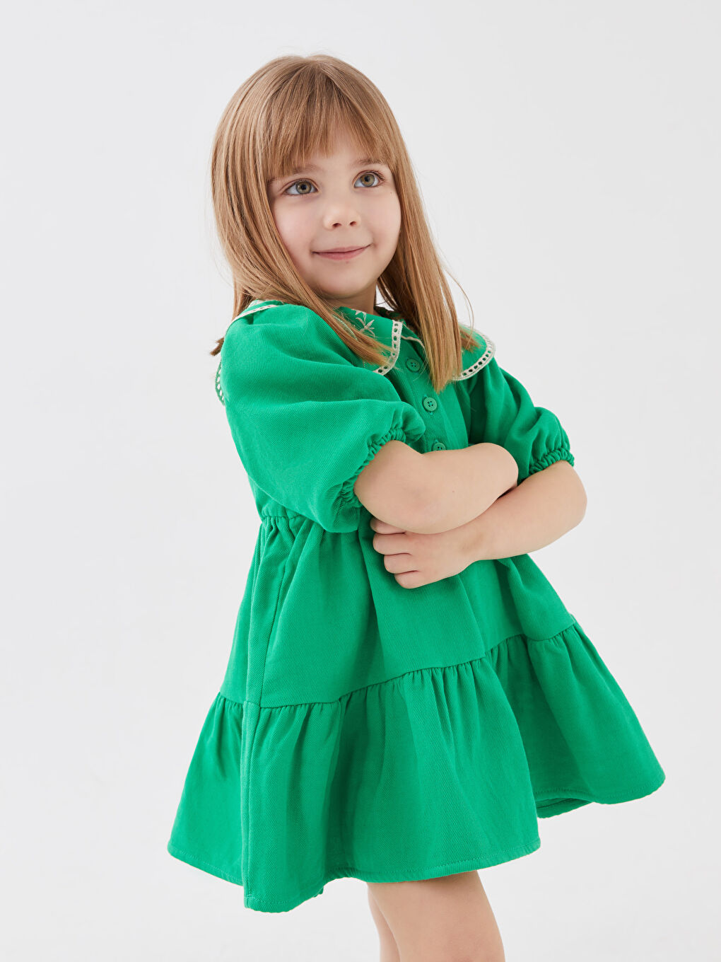 Yeşil Bebe Yaka Uzun Kollu Nakışlı Kız Bebek Elbise-2