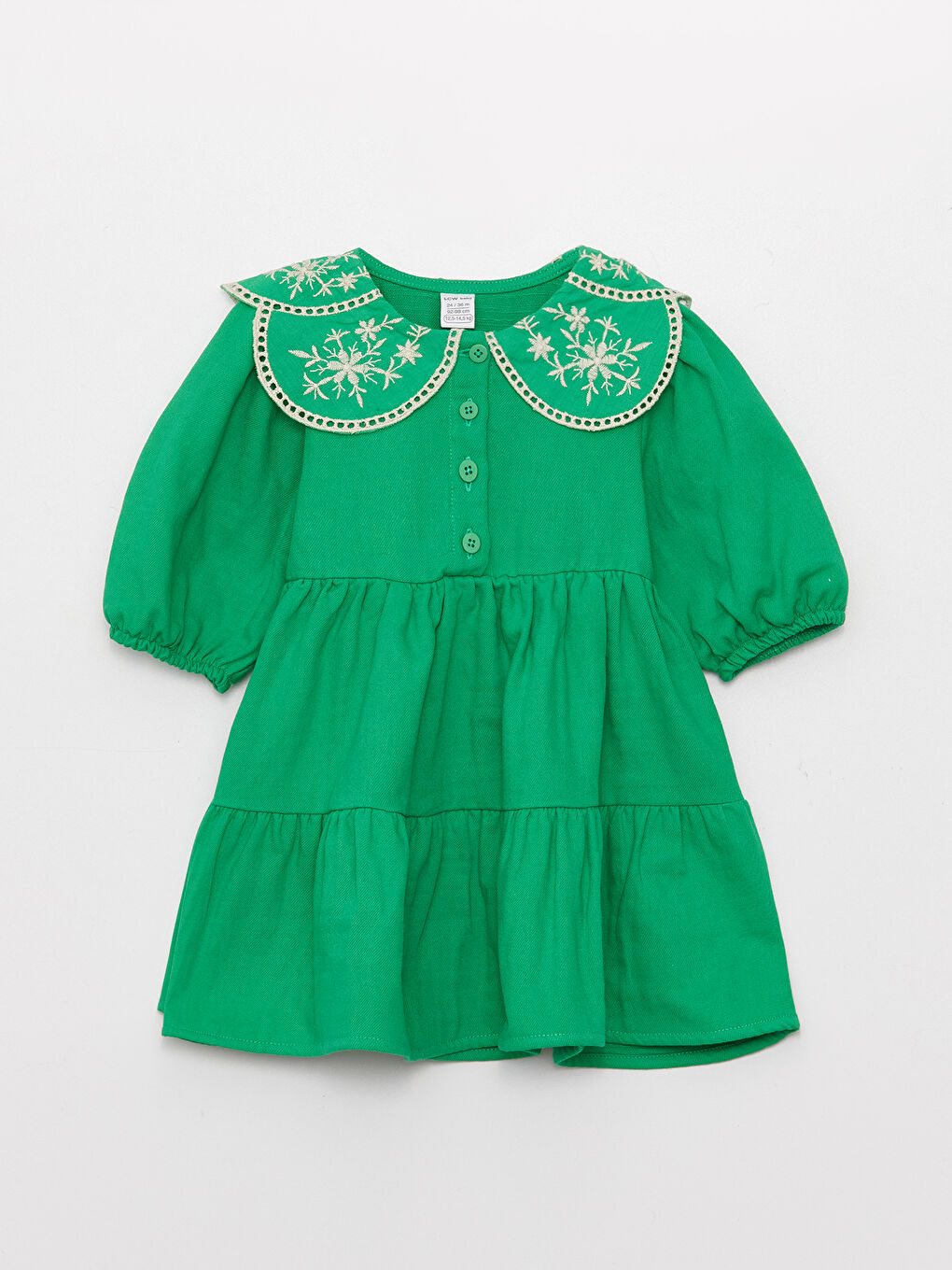 Yeşil Bebe Yaka Uzun Kollu Nakışlı Kız Bebek Elbise-3