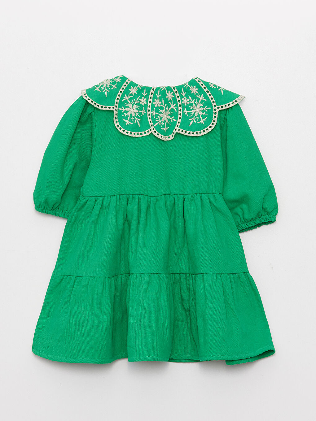 Yeşil Bebe Yaka Uzun Kollu Nakışlı Kız Bebek Elbise-4