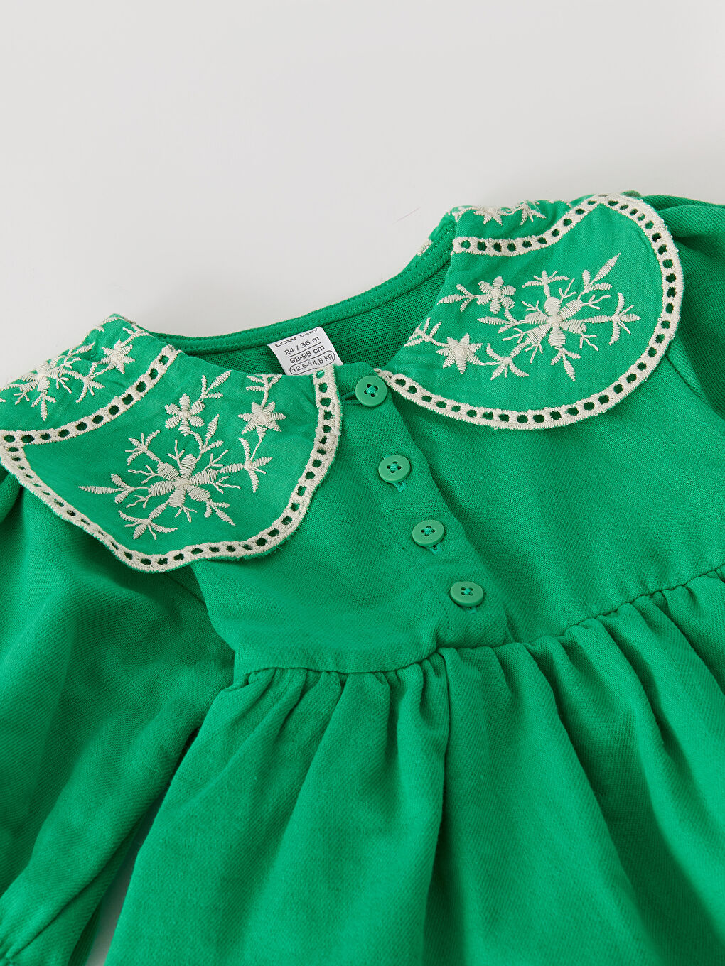 Yeşil Bebe Yaka Uzun Kollu Nakışlı Kız Bebek Elbise-5