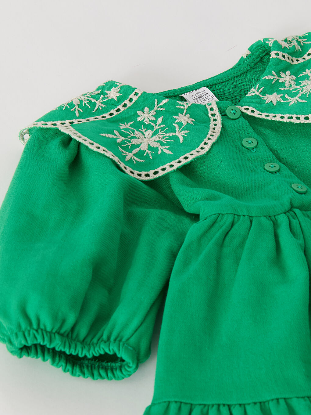 Yeşil Bebe Yaka Uzun Kollu Nakışlı Kız Bebek Elbise-6