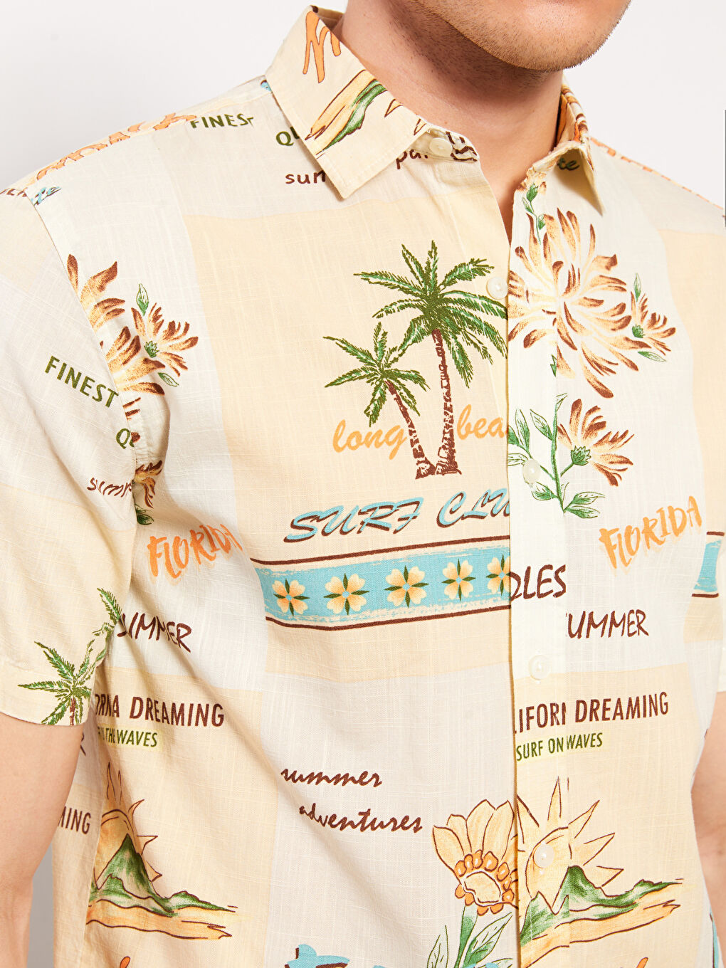 Ekru Regular Fit Kısa Kollu Desenli Viskon Erkek Gömlek-5