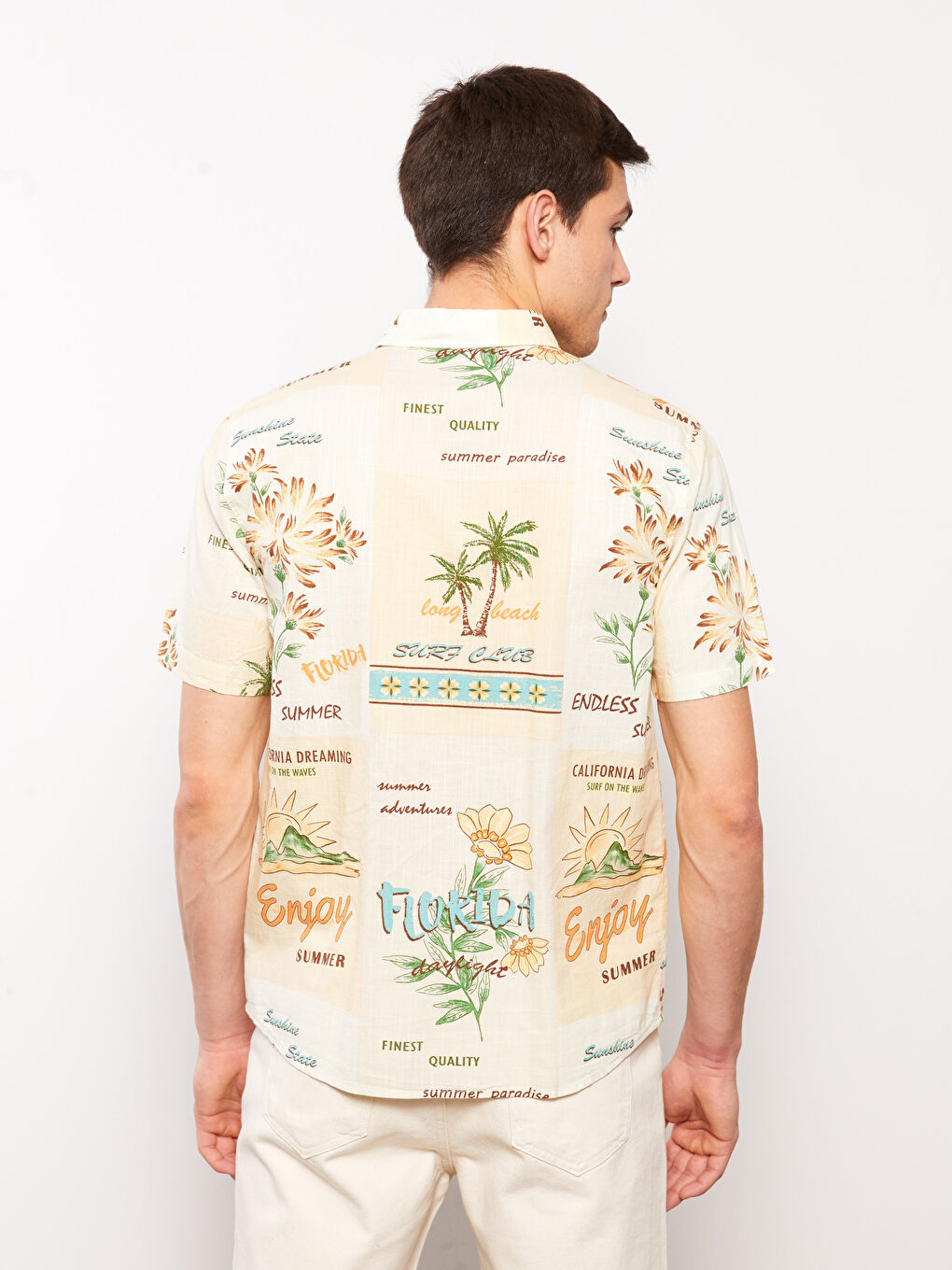 Ekru Regular Fit Kısa Kollu Desenli Viskon Erkek Gömlek-6