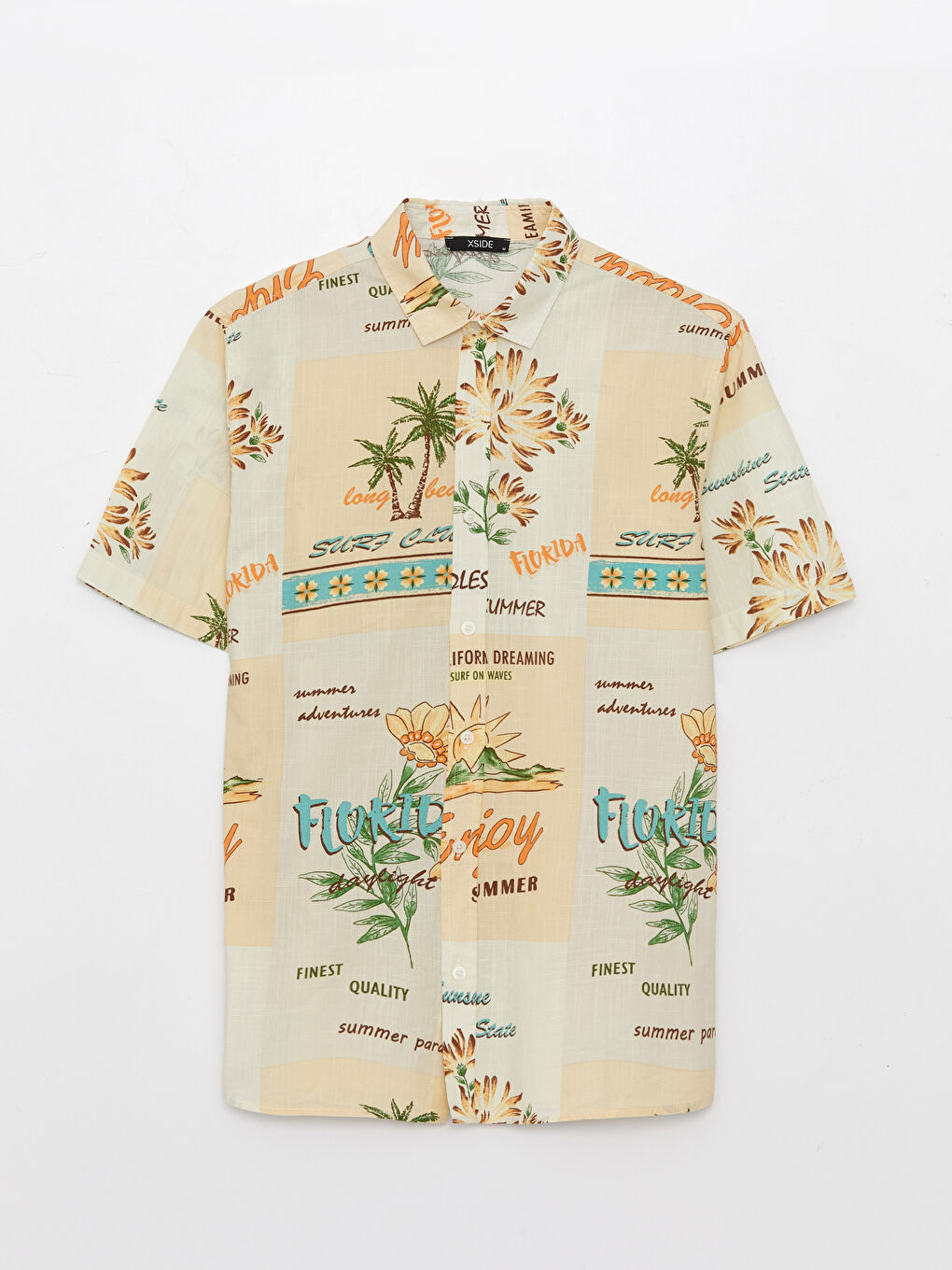 Ekru Regular Fit Kısa Kollu Desenli Viskon Erkek Gömlek-7