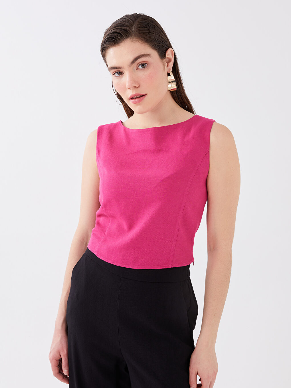 Boat Neck Straight Sleeveless Crop Women's Blouse -S3G764Z8-GZN