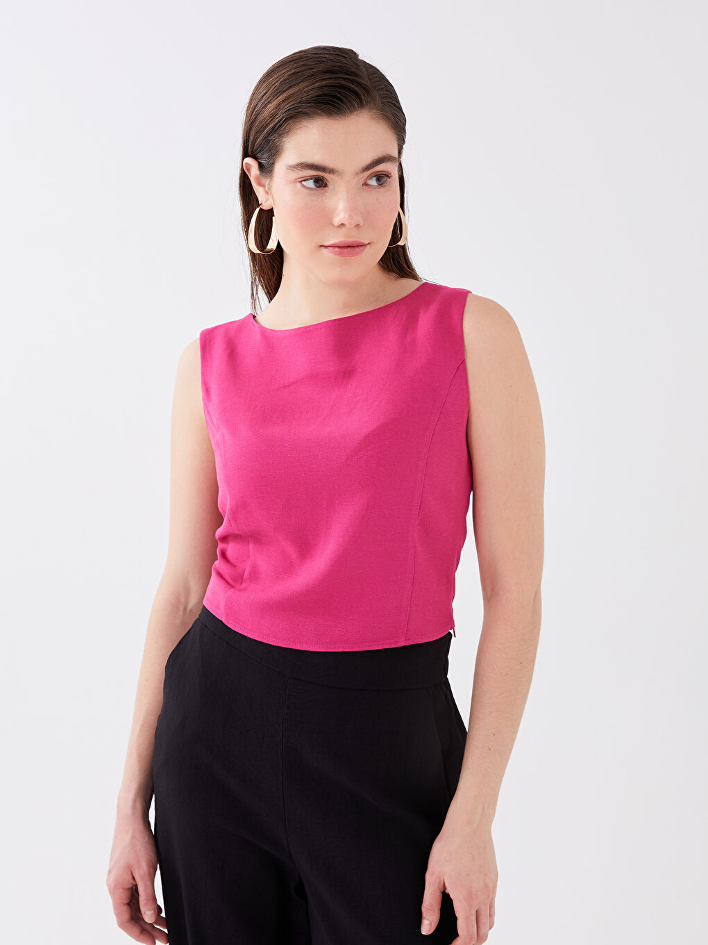 Boat Neck Straight Sleeveless Crop Women's Blouse -S3G764Z8-GZN