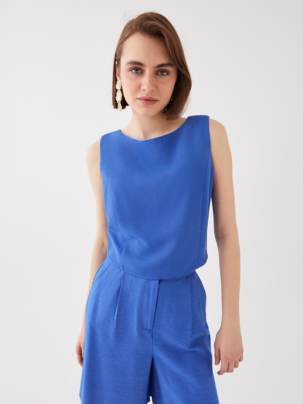 Boat Neck Straight Sleeveless Crop Women's Blouse -S3G764Z8-R4E