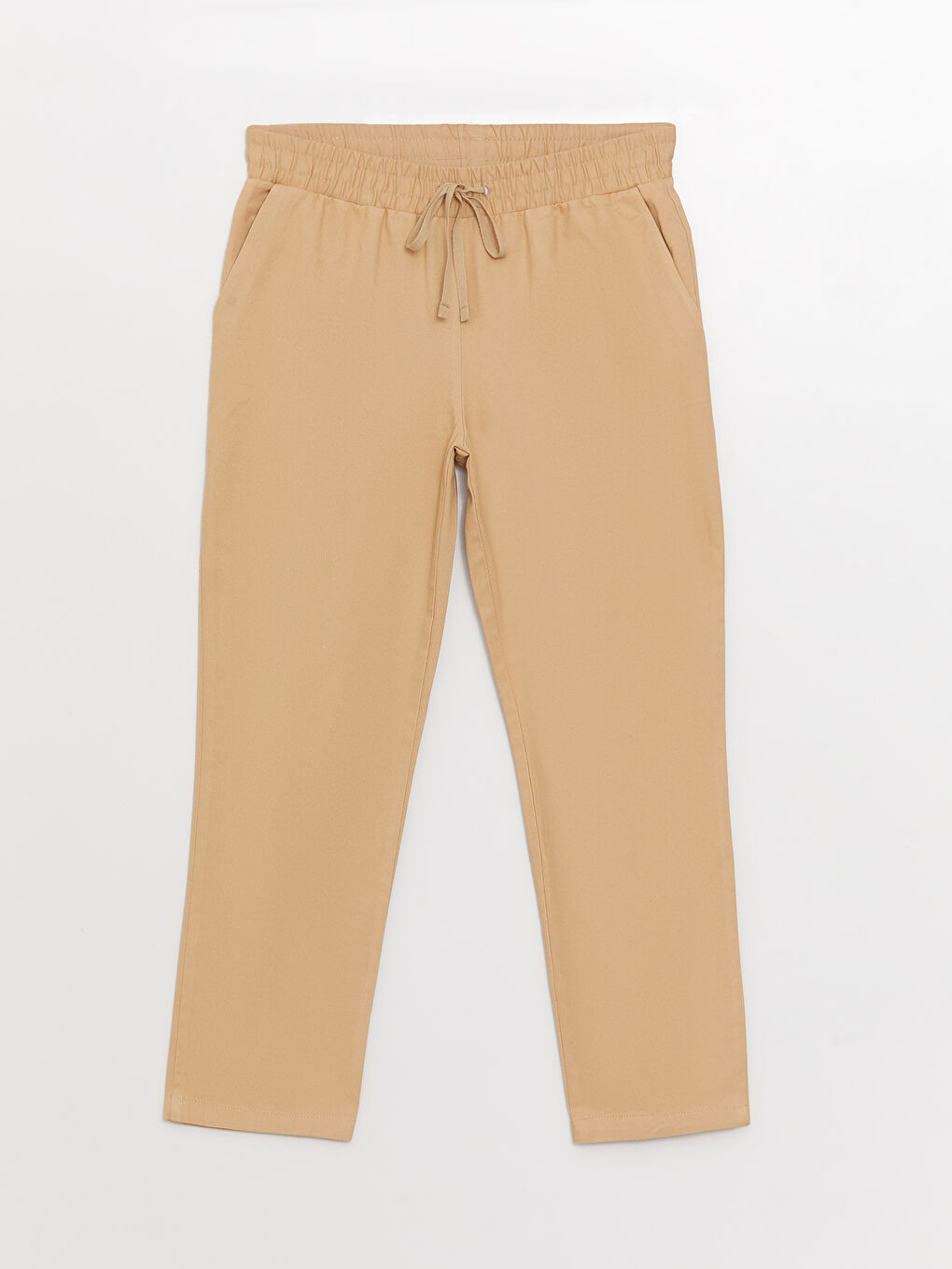 Bej Beli Lastikli Rahat Kalıp Kadın Pantolon-5