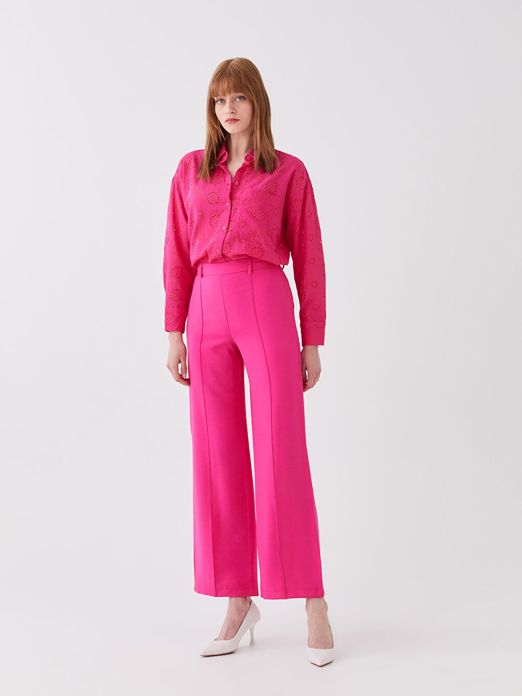 Pembe Standart Fit Düz Geniş Paça Kadın Pantolon-1