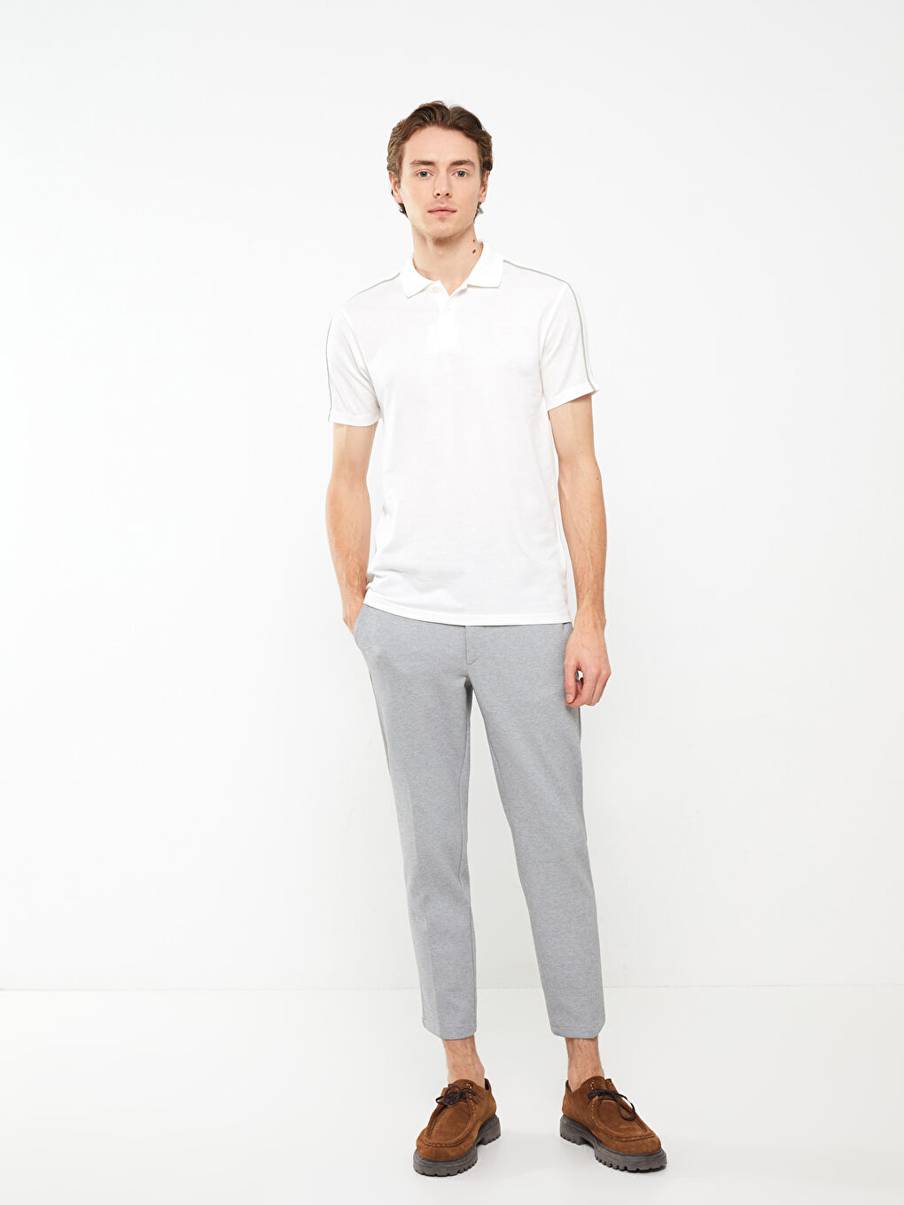 Ekru Polo Yaka Kısa Kollu Pike Erkek Tişört-2