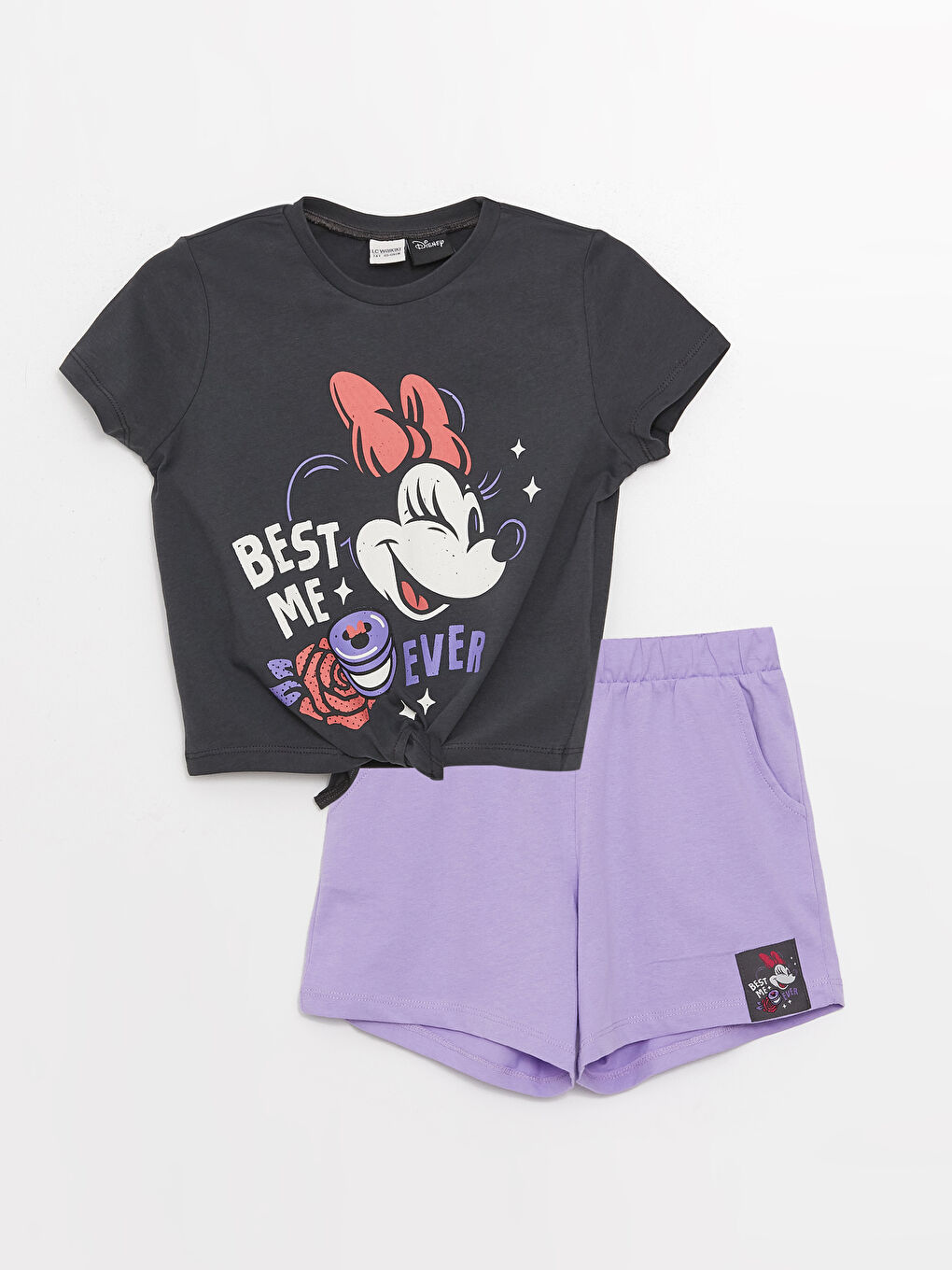 Antrasit Bisiklet Yaka Minnie Mouse Baskılı Kısa Kollu Kız Çocuk Tişört ve Şort