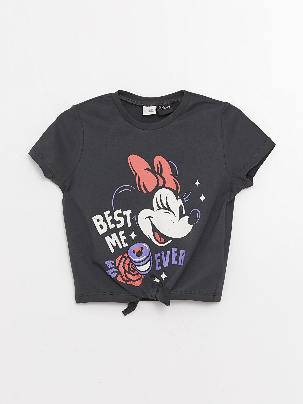 Antrasit Bisiklet Yaka Minnie Mouse Baskılı Kısa Kollu Kız Çocuk Tişört ve Şort-1