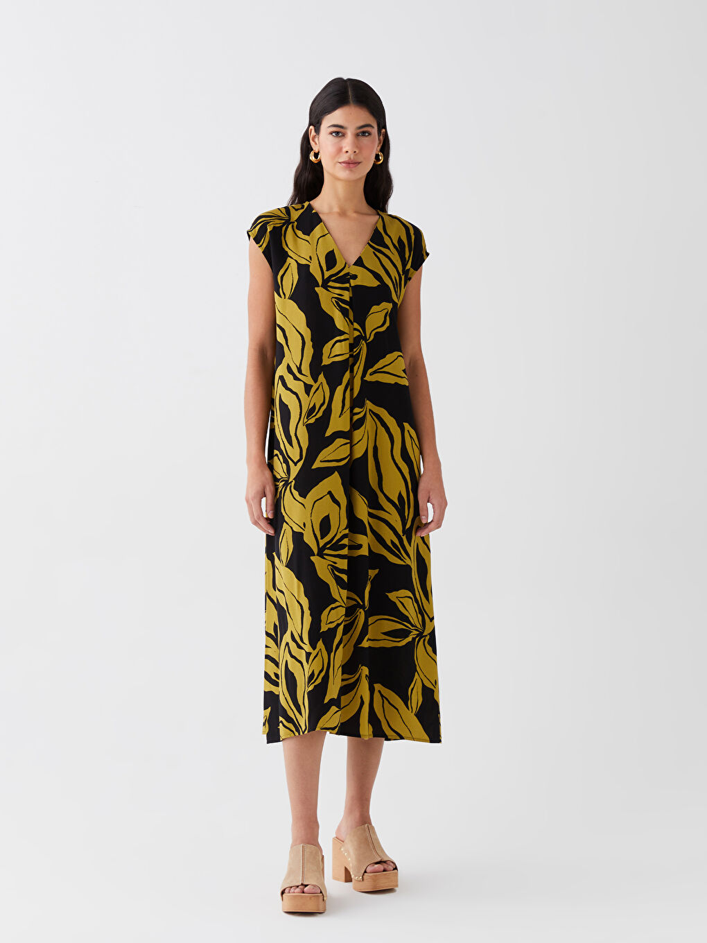 Patterned Ketene Blended Women's Dress with V-Neck