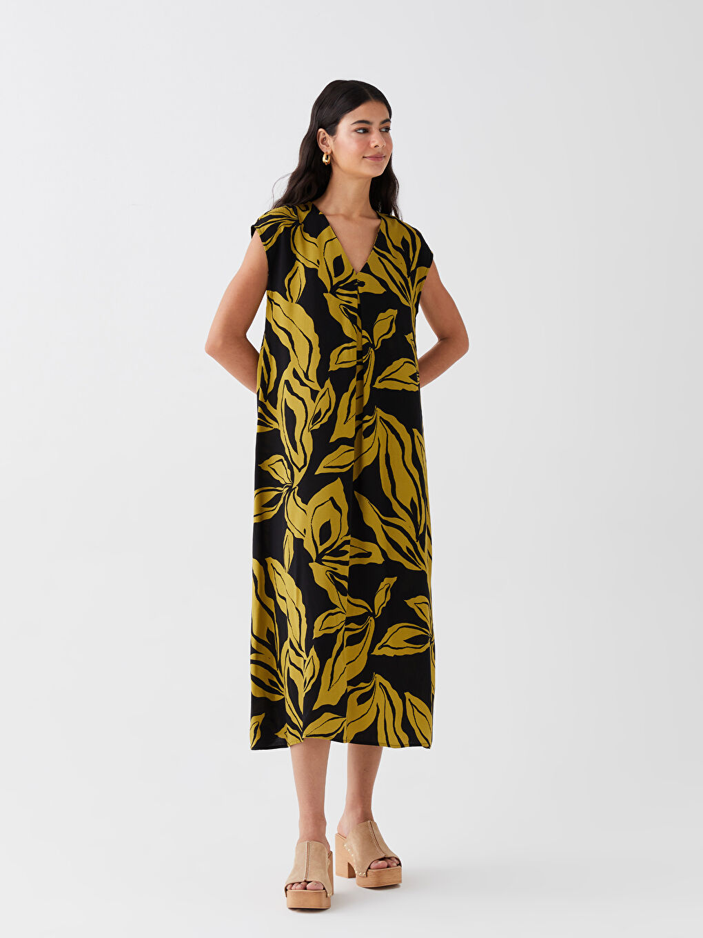 Patterned Ketene Blended Women's Dress with V-Neck-1