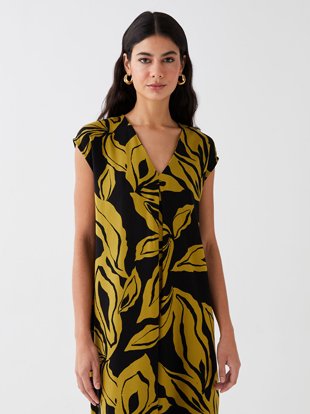 Patterned Ketene Blended Women's Dress with V-Neck-2