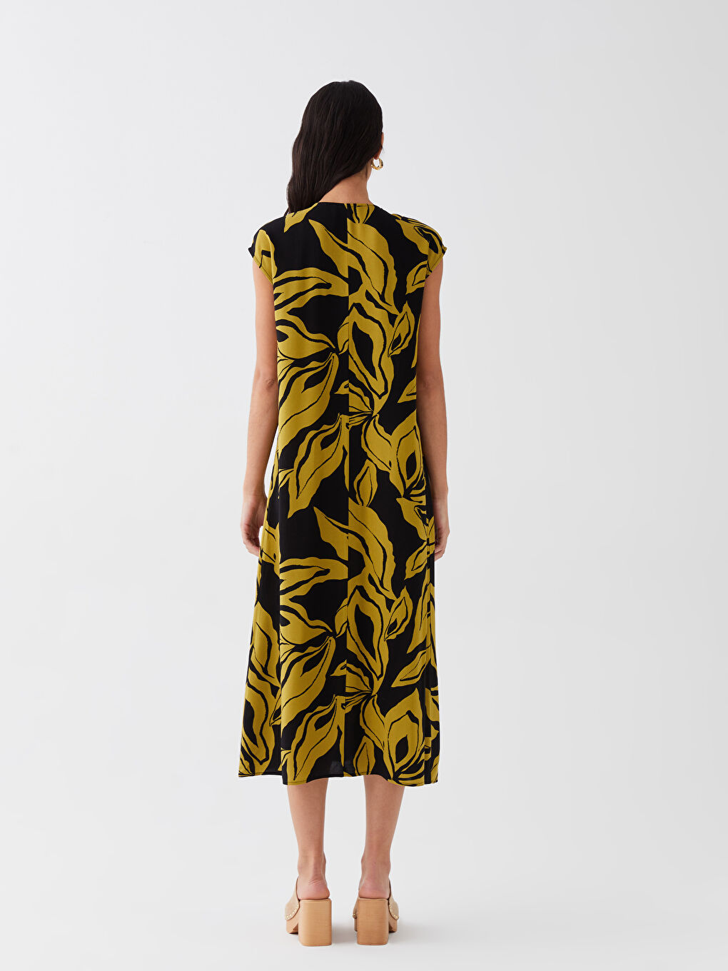 Patterned Ketene Blended Women's Dress with V-Neck-4