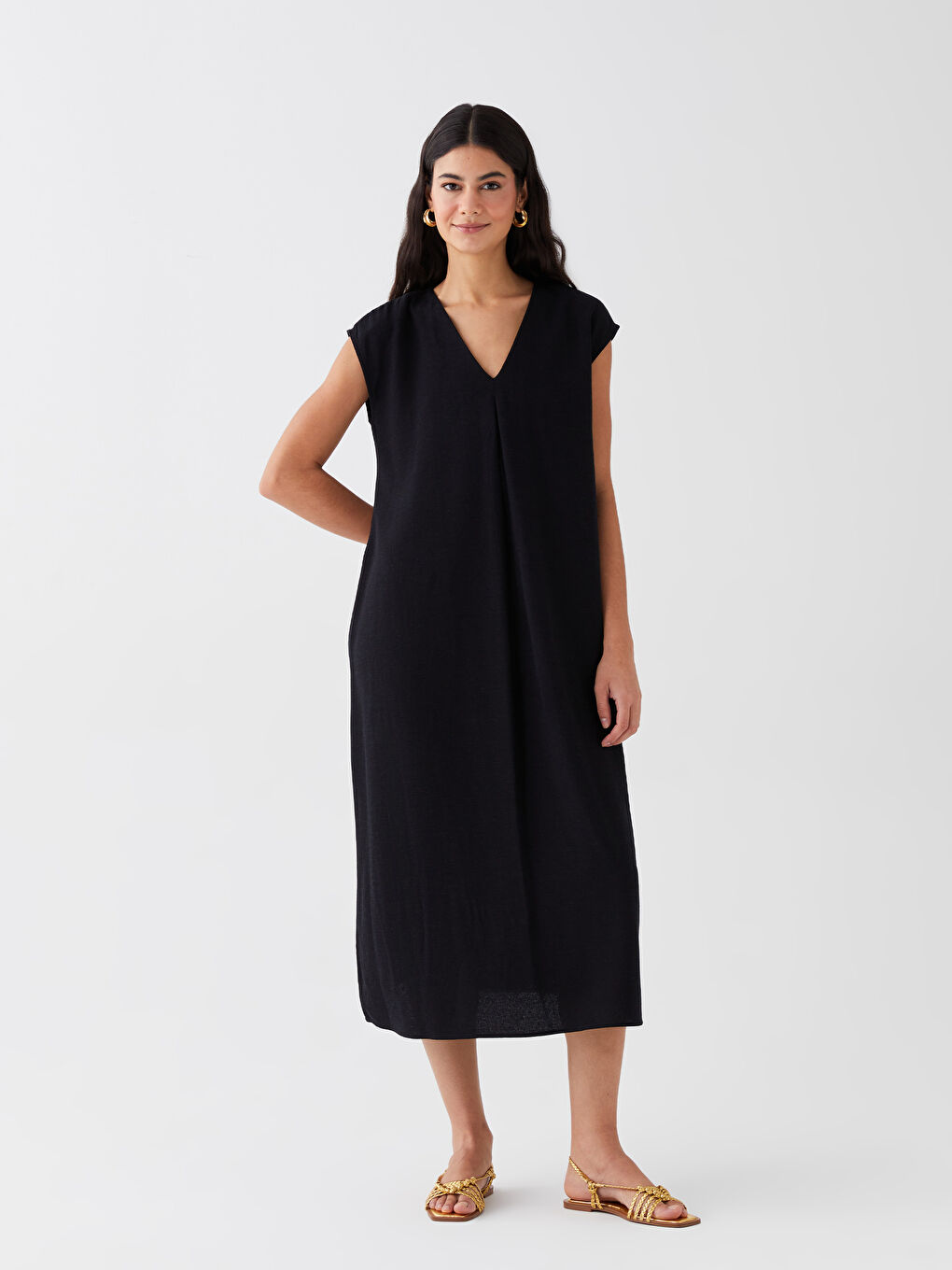 V Neck Plain Linen Blend Women's Dress -S3G843Z8-CVL