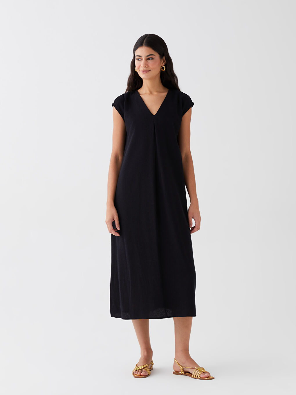 V Neck Plain Linen Blend Women's Dress -S3G843Z8-CVL
