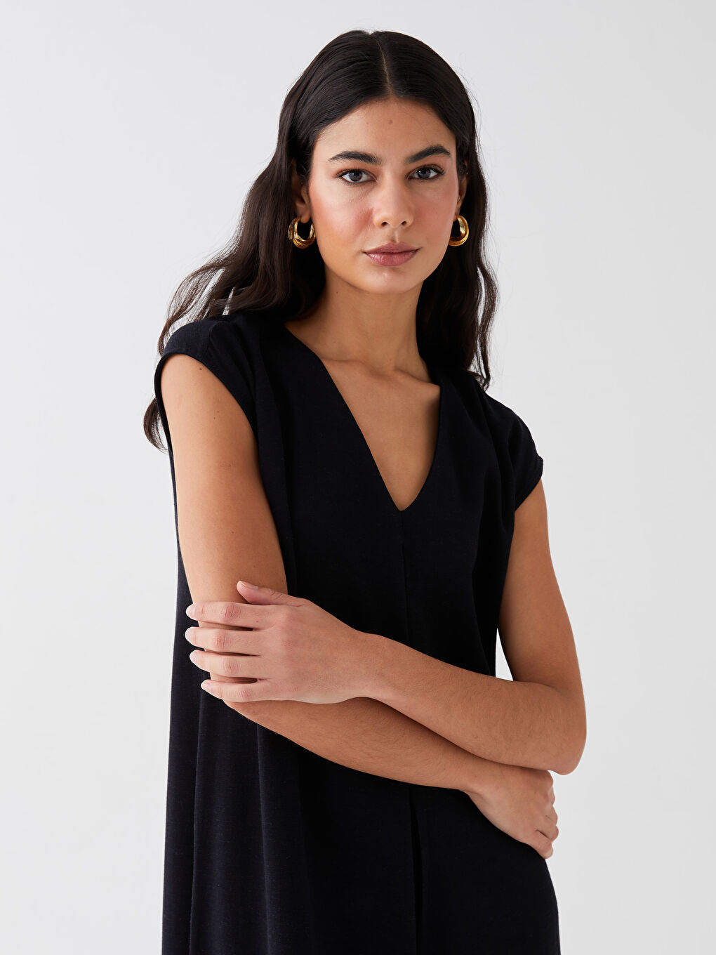 V Neck Plain Linen Blend Women's Dress -S3G843Z8-CVL