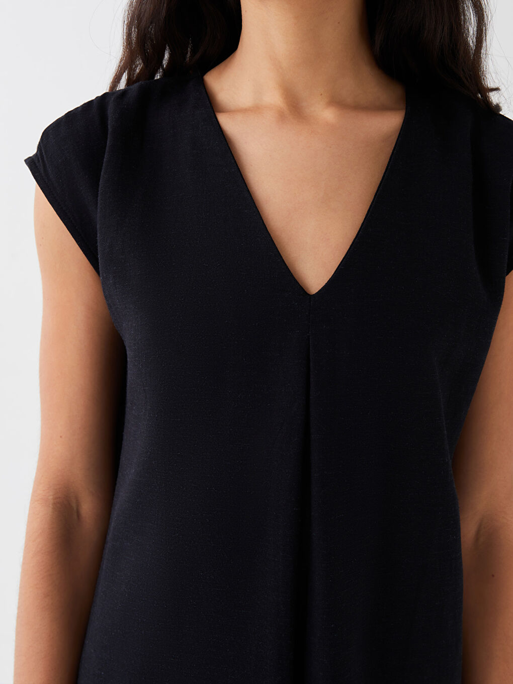 V Neck Plain Linen Blend Women's Dress -S3G843Z8-CVL