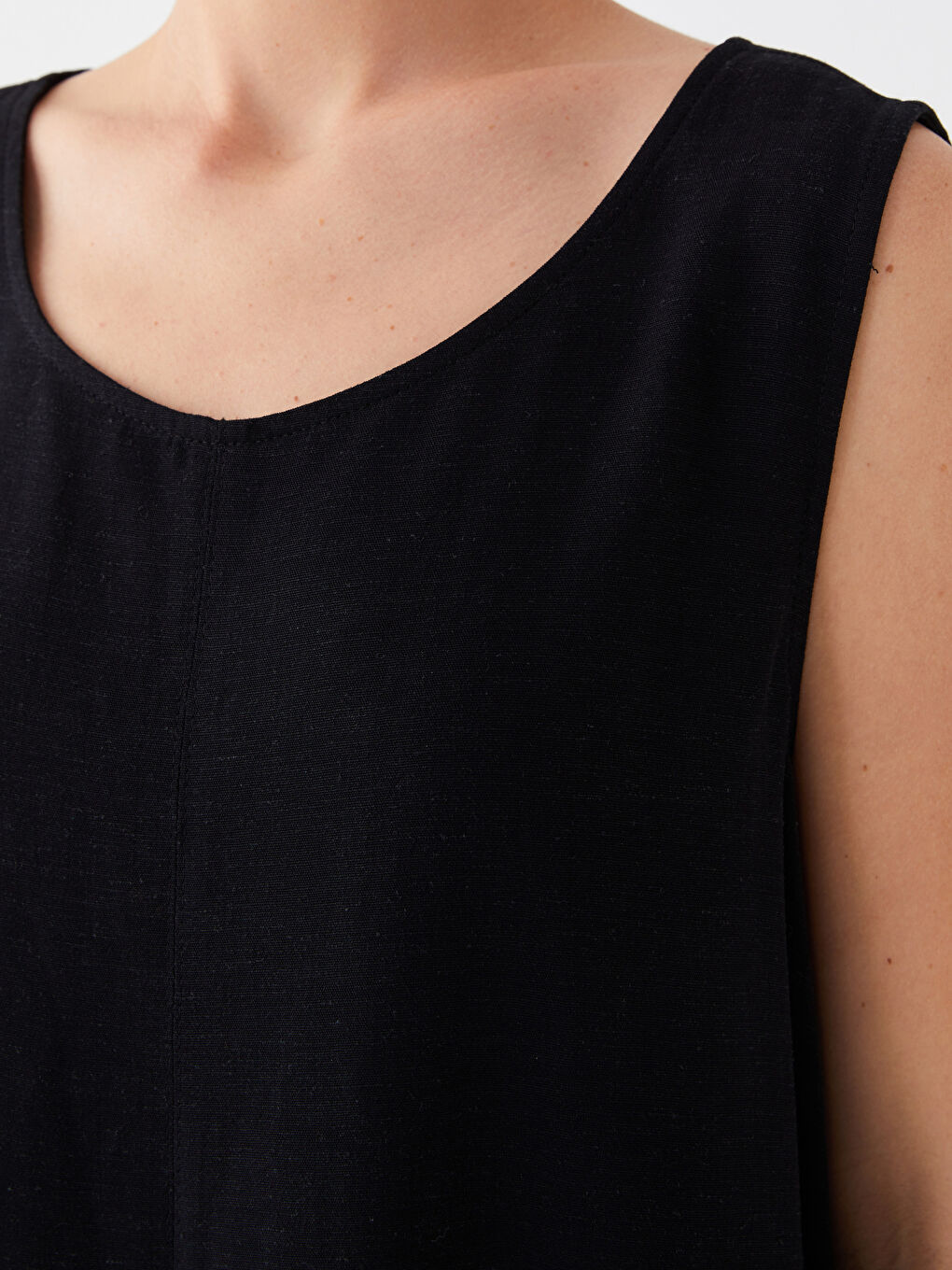 Siyah Bisiklet Yaka Düz Keten Görünümlü Kadın Elbise-3