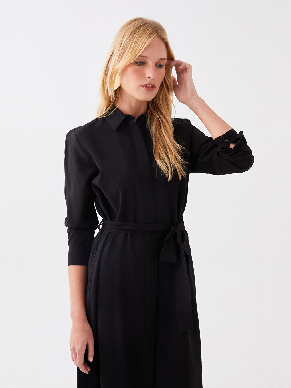 Siyah Düz Uzun Kollu Kadın Gömlek Elbise-1