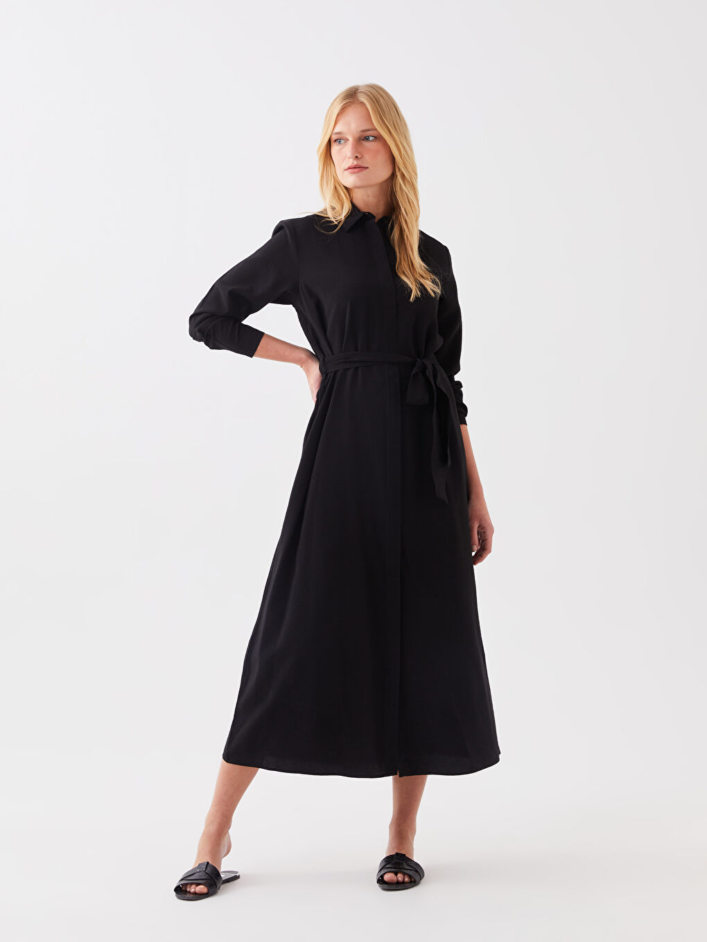 Siyah Düz Uzun Kollu Kadın Gömlek Elbise-2