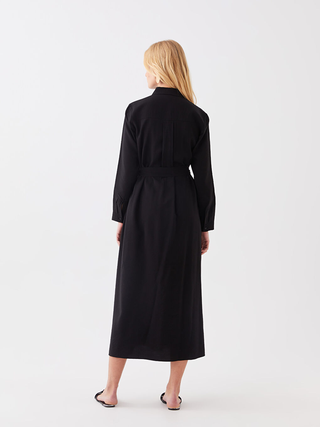 Siyah Düz Uzun Kollu Kadın Gömlek Elbise-4