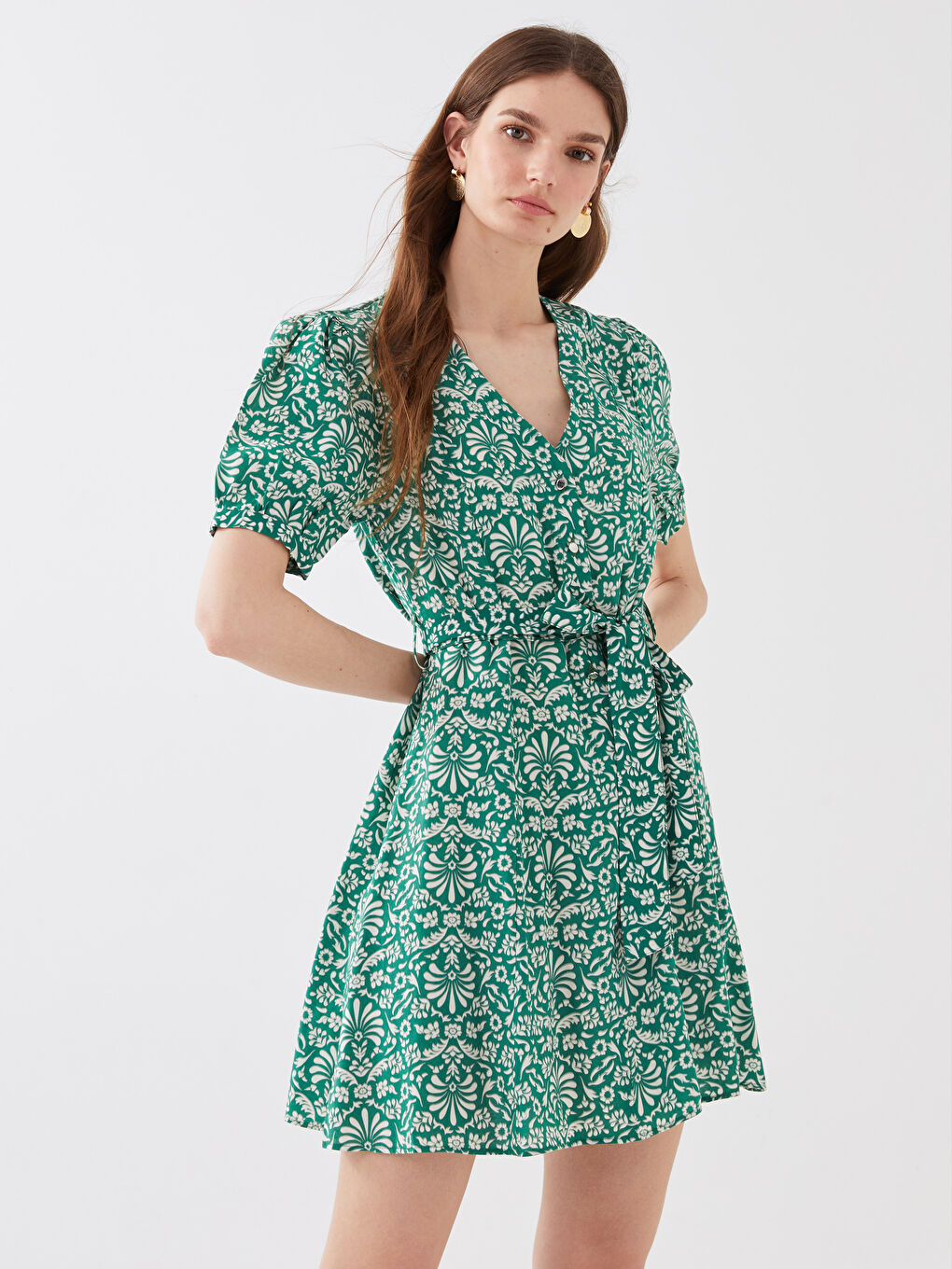 Yeşil V Yaka Desenli Kısa Kollu Kadın Elbise-1