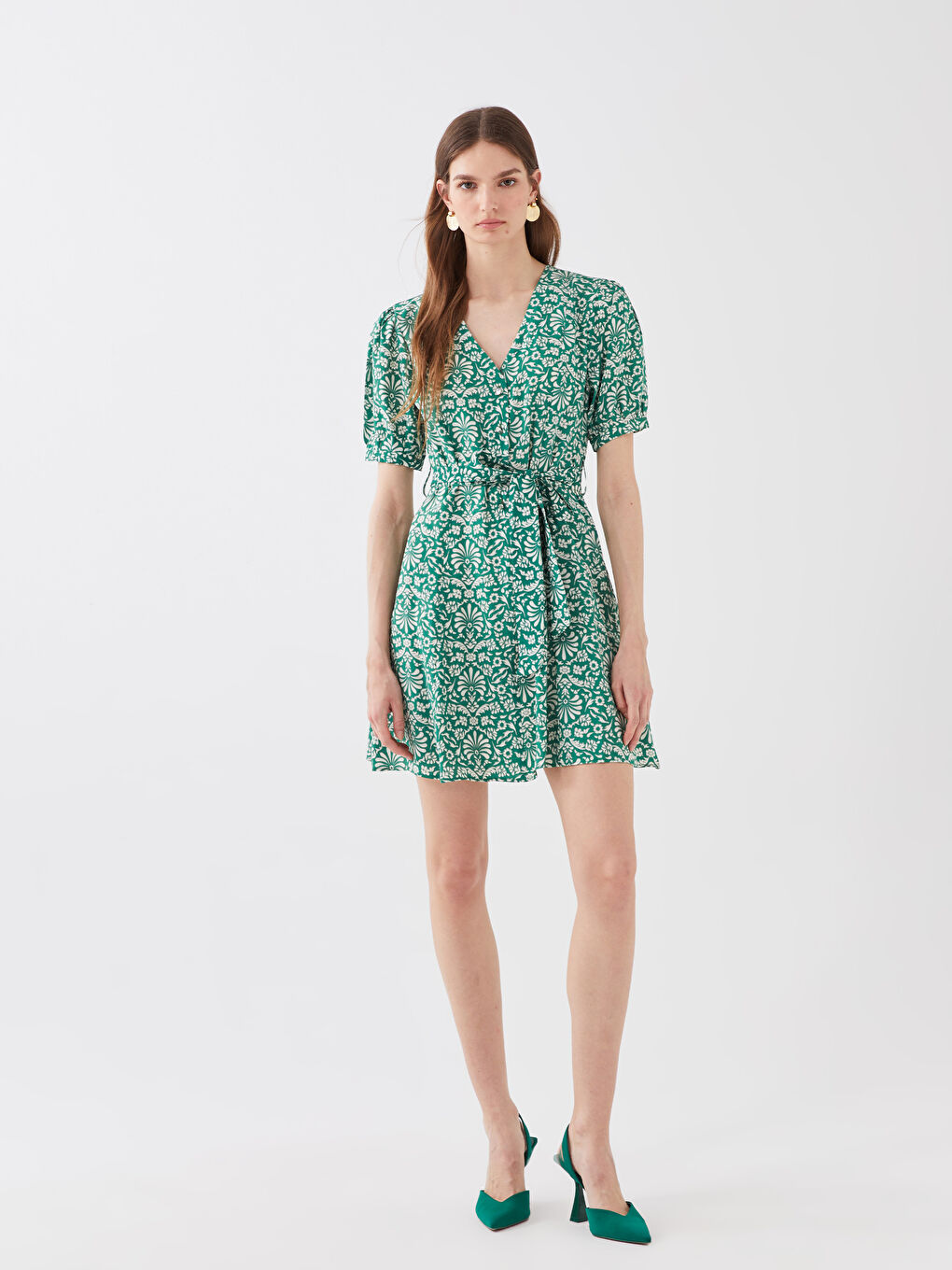 Yeşil V Yaka Desenli Kısa Kollu Kadın Elbise-2