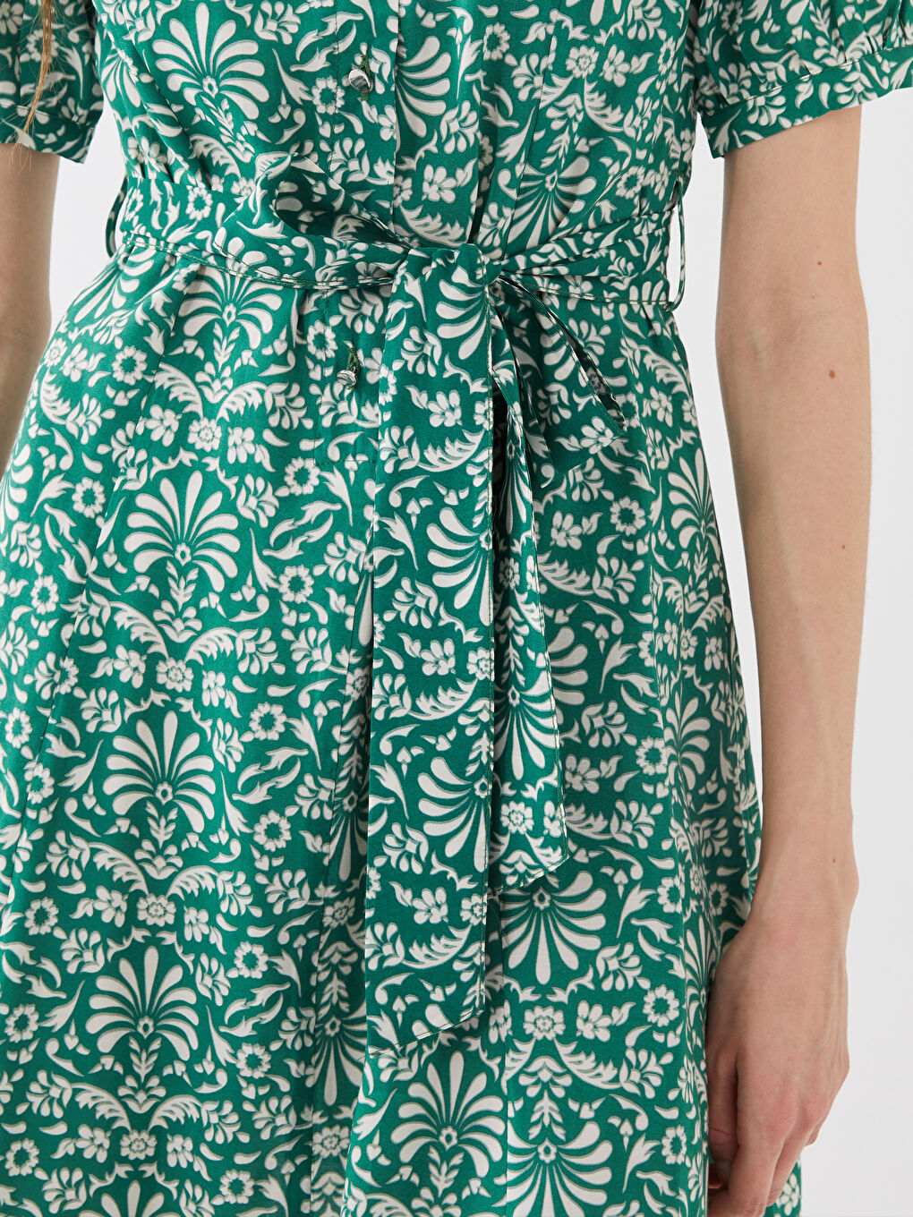 Yeşil V Yaka Desenli Kısa Kollu Kadın Elbise-3