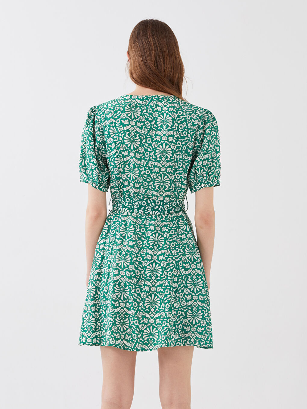 Yeşil V Yaka Desenli Kısa Kollu Kadın Elbise-4