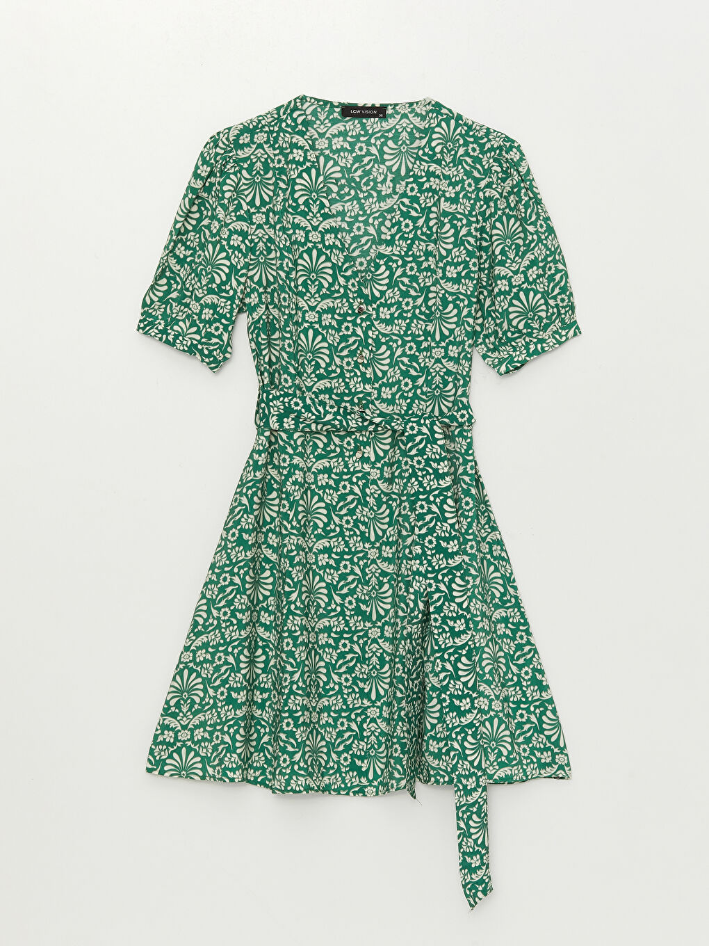 Yeşil V Yaka Desenli Kısa Kollu Kadın Elbise-5