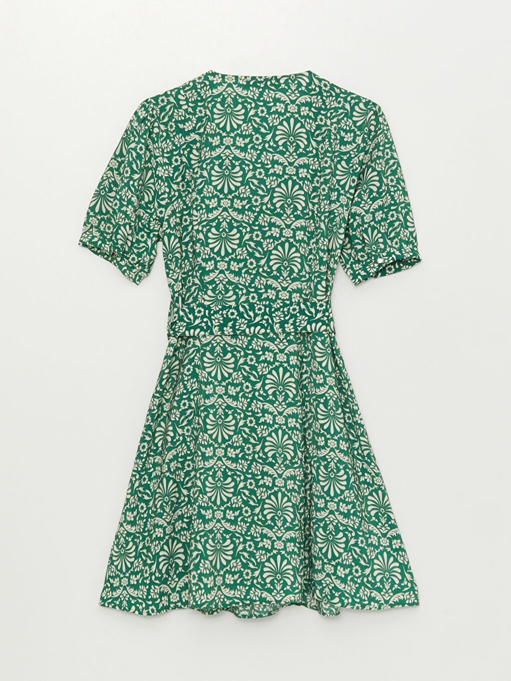Yeşil V Yaka Desenli Kısa Kollu Kadın Elbise-6
