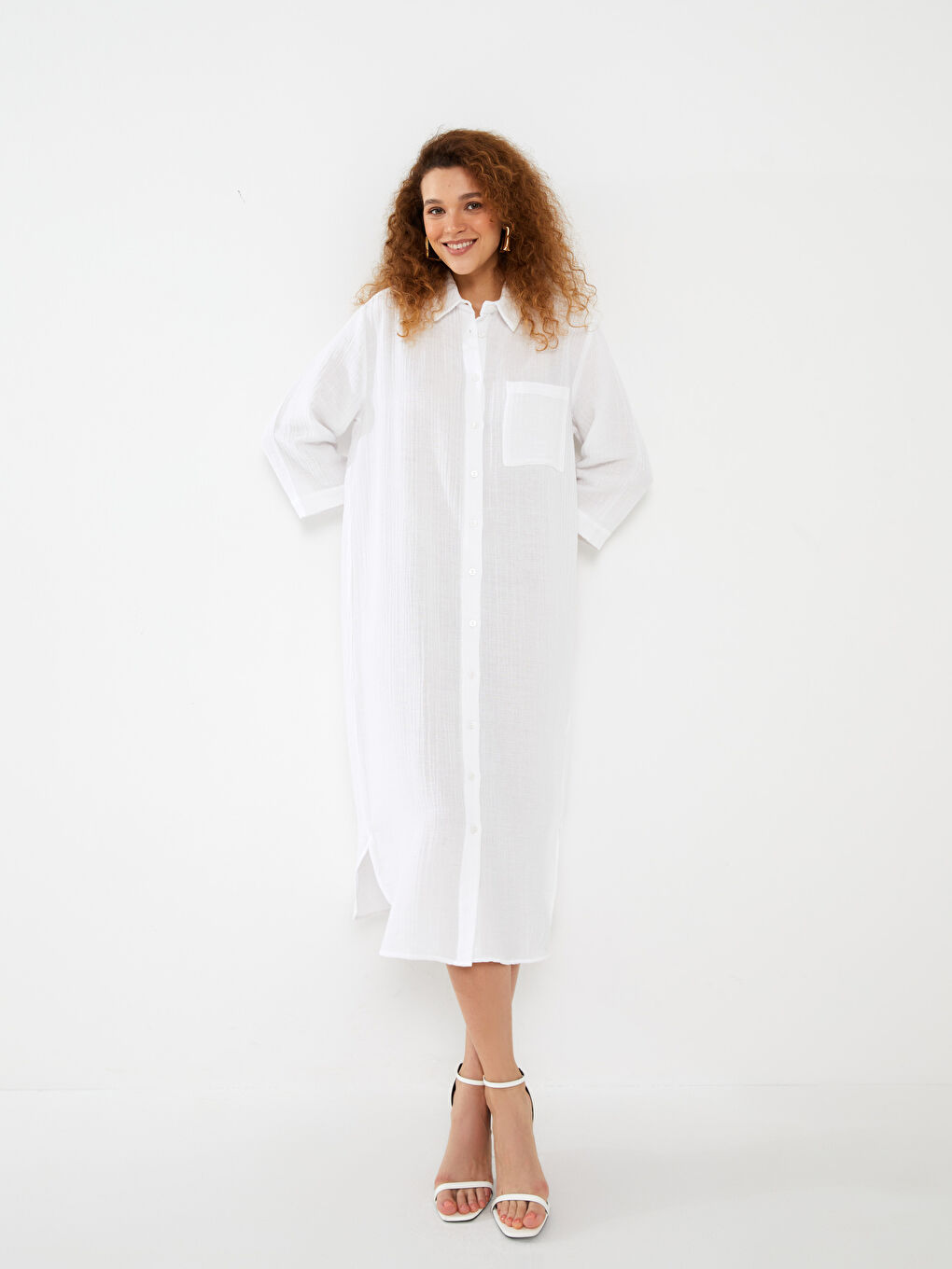 فستان قميص بياقة قميص مستقيم بقصة A أوفراسايز شاش للسيدات-1