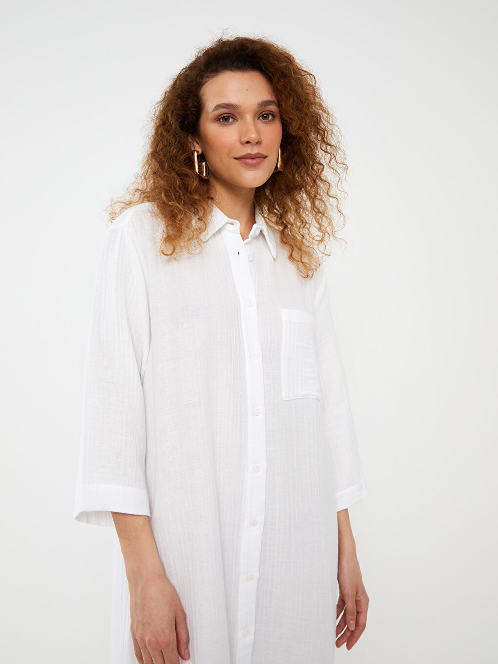 فستان قميص بياقة قميص مستقيم بقصة A أوفراسايز شاش للسيدات-2