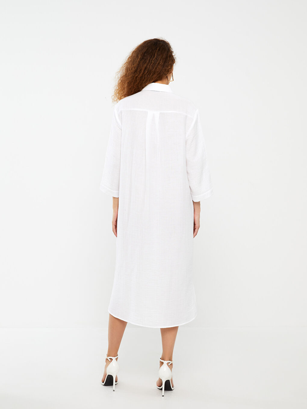 فستان قميص بياقة قميص مستقيم بقصة A أوفراسايز شاش للسيدات-4