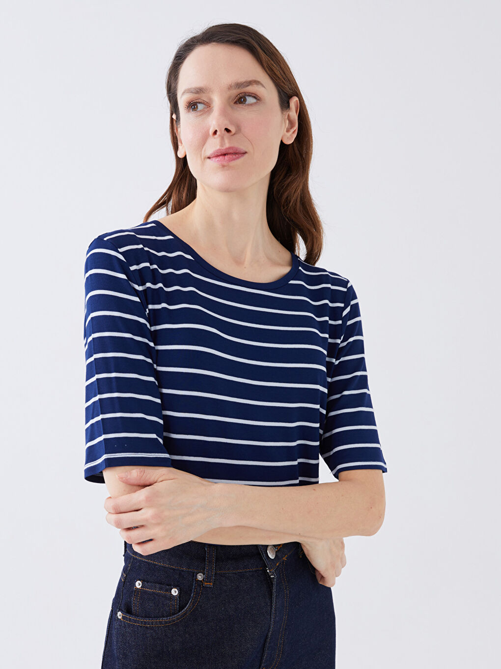 Crew Neck Striped Short Sleeve Women's T-Shirt-1